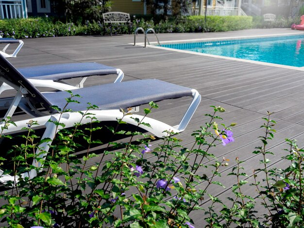 Two empty sunbeds on the wood floor near the square shape swimming pool with clean clear water, blue tiles, grab bars ladder and flower garden, nobody. Summer background and recreation concept.