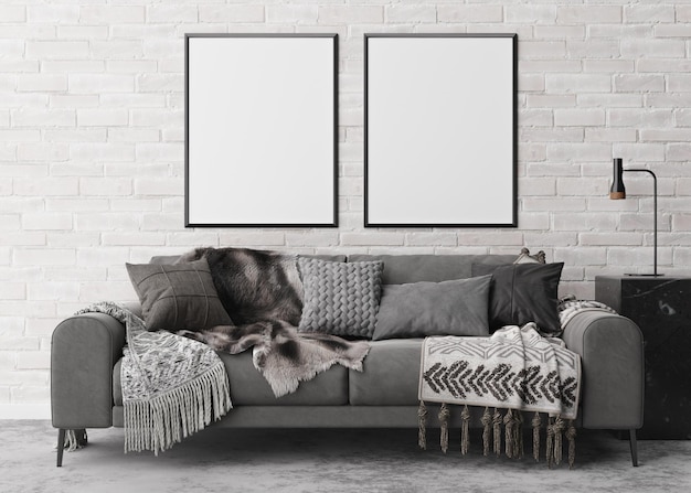 Two empty vertical picture frames on white brick wall in modern living room Mock up interior in contemporary style Free space for picture poster Sofa console lamp 3D rendering