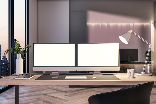 Two empty white computer screens on office table in interior with night city view Corporate template Mock up 3D Rendering