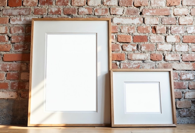 Photo two empty white picture frames with wooden frame leaning on a red brick wall mockup for artwork poster photography presentation home decor interior design