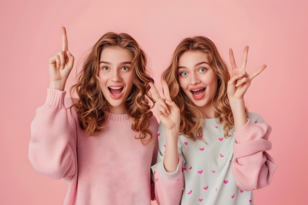 Photo two energetic women pointing excitedly towards the in pink background