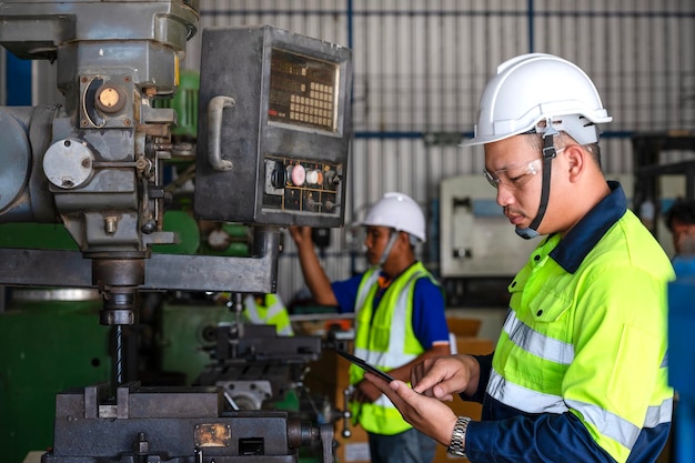 Two engineer team workers or professional foreman in hard hat using blueprints on digital tablet while standing at industrial plant teamwork concept