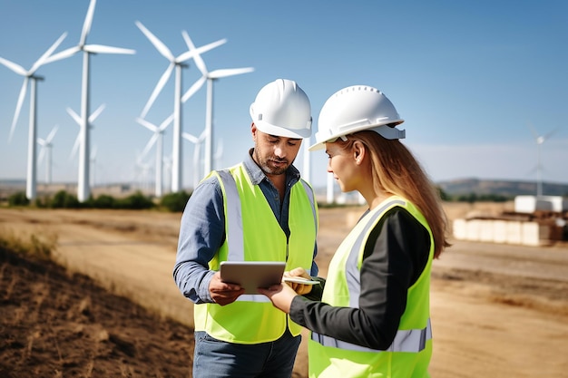 Two engineer in white helmet working in wind turbine farm generative ai