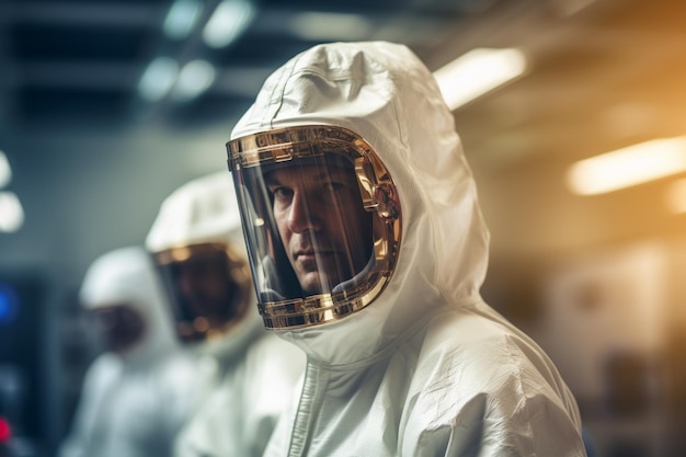 Two engineering workers in protective suit standing in a factory with Generative AI