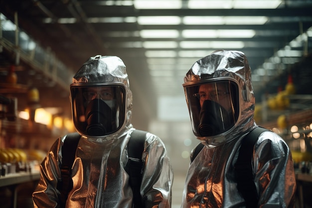 Two engineering workers in protective suit standing in a factory with Generative AI