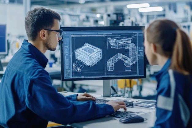 Two Engineers Collaborate on a 3D CAD Design in a Factory Setting