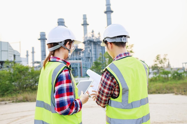 Two Engineers discussing for power plant project on construction site Teamwork concept