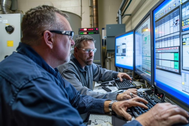 Photo two engineers focused on computer screens analyzing system performance in a factory setting engineers analyze system performance through a scada system