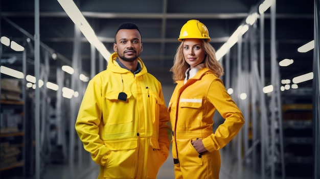 Two engineers inspecting a job site in protective helmets and suits