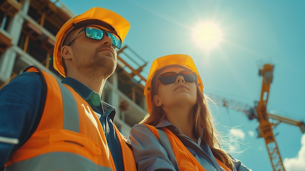 Two Engineers in Safety Vests and Hard Hats at a Construction Site