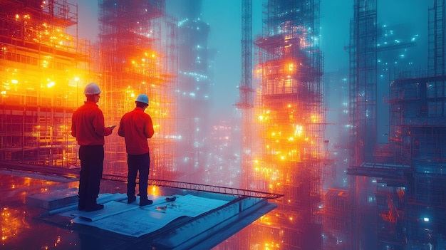 Photo two engineers stand on a platform in a futuristic industrial setting overlooking a vast complex of towering structures illuminated by glowing lights