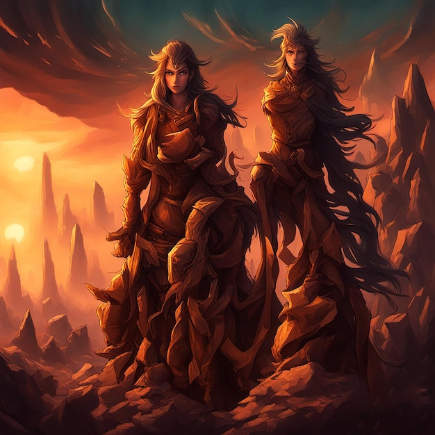 Two epic female warriors in a beautiful landscape