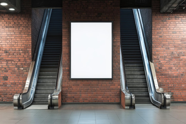 Photo two escalator with empty banner on brick wall