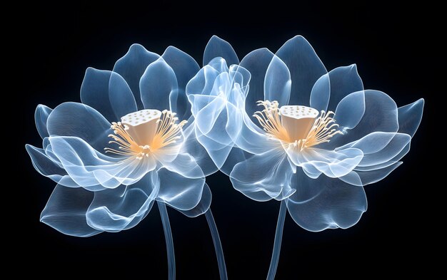 Photo two ethereal white lotus flowers against a black background