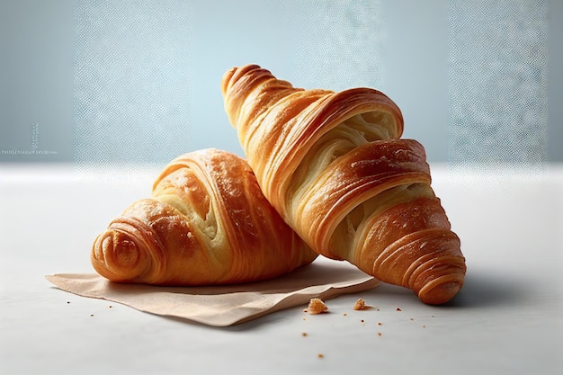 Two evenly browned croissants with jam on a light background Generative AI