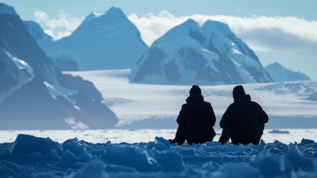 Two explorers taking a break on the vast expanse of a glacier silhouettes outlined against the