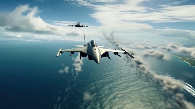 Two f air force fighters flying over the ocean beautiful cloudy blue sky over horizon jet military a