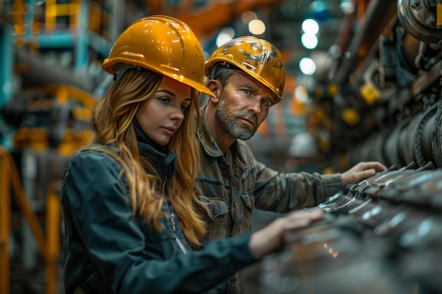 Two factory workers wearing hard hats inspecting machinery in an industrial setting