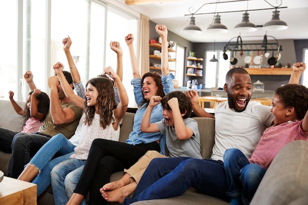 Two Families Watching Sports On Television And Cheering