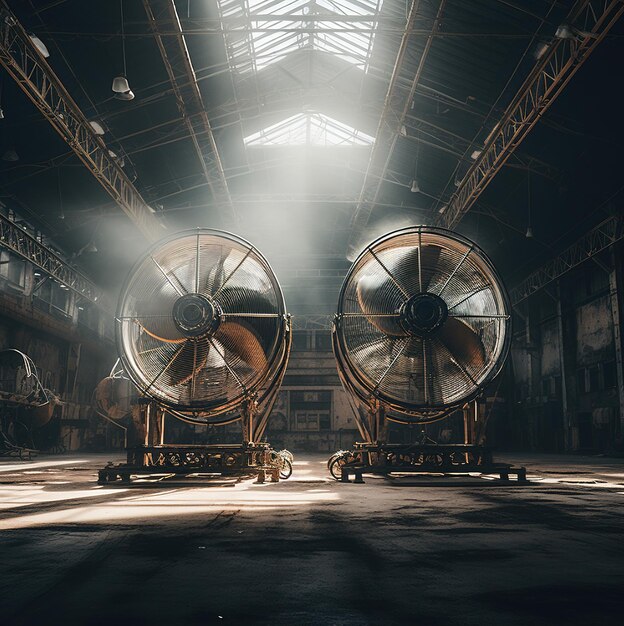 Photo two fan blades are in a large room with the sun shining through the windows