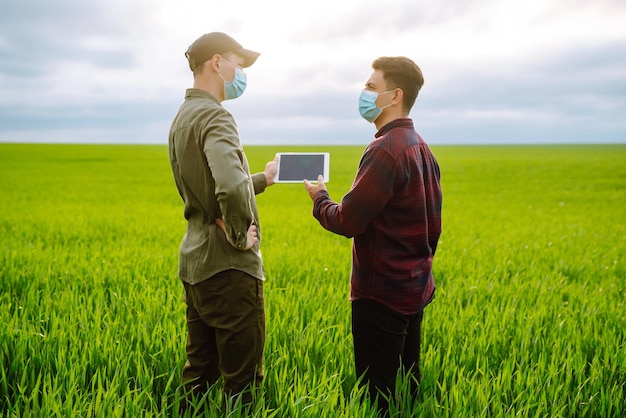 Two Farmers in protection mask with tablet in the field Modern agriculture technologySmart farming