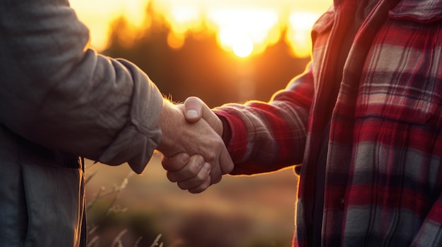 Two farmers shake hands in front of a wheat field