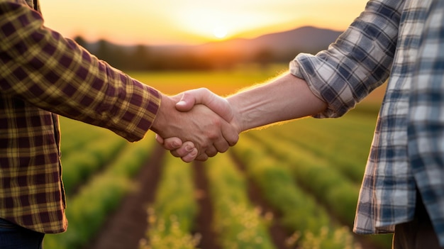 Two farmers shake hands in front of a wheat field