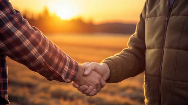 Two farmers shake hands in front of a wheat field