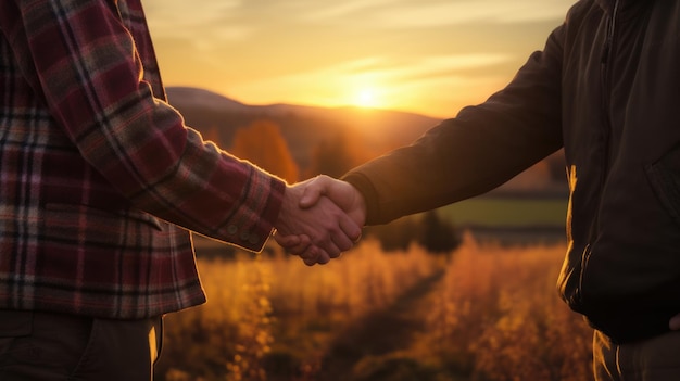 Two farmers shake hands in front of a wheat field