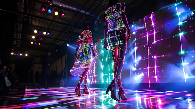 Two fashion models walk a runway lit with colorful lights wearing glowing LED dresses