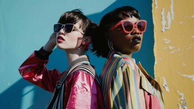 Two fashionable individuals in eclectic eyecatching outfits and colorful sunglasses pose confidently against a vibrant artful background