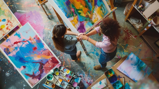 Two female artists come together to celebrate their work in their art studio