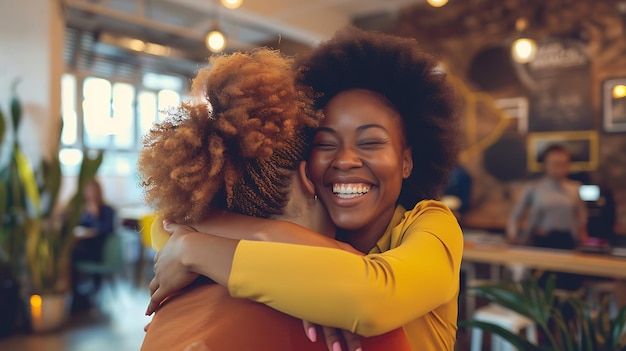 Photo two female black african girls embraced in a friendly hug in a modern coworking space