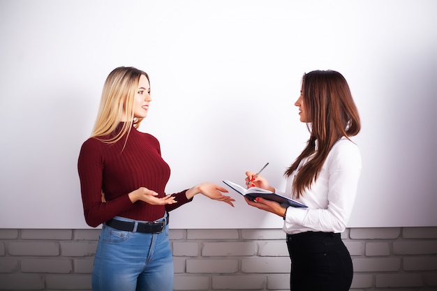 Two female colleagues in office working together.