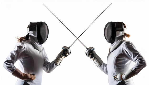 Photo two female fencers in protective gear and swords crossed