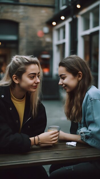 Photo two female friends enjoying a conversation outdoors