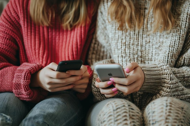 Two female friends holding mobile phone