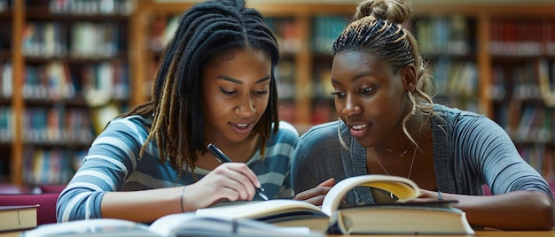 Two Female Friends Studying Together in a Library