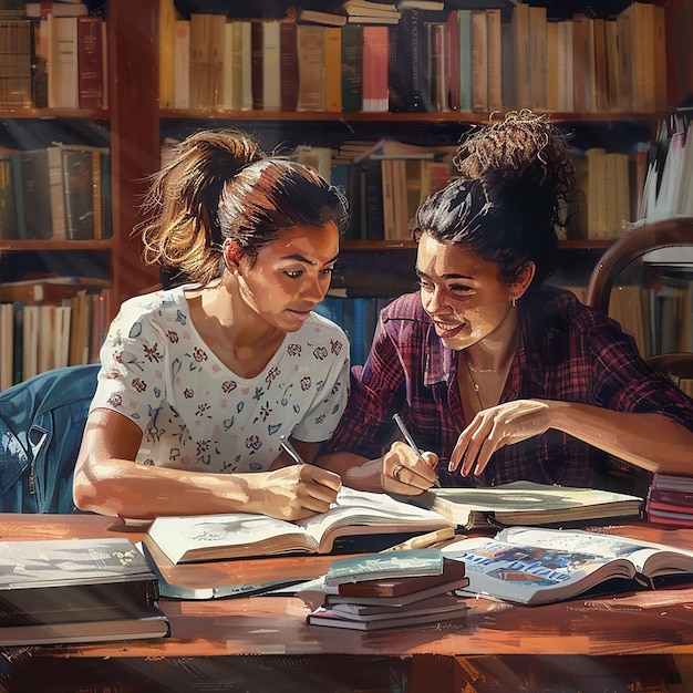 Two Female Friends Studying Together in a Library