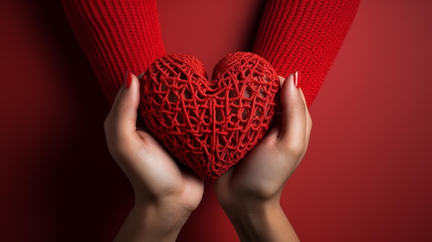 two female hands holding a red wicker heart