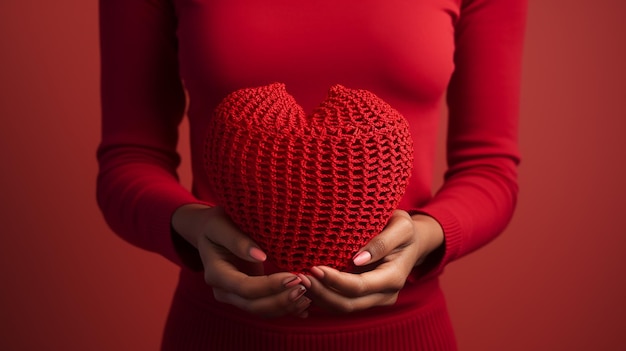 two female hands holding a red wicker heart