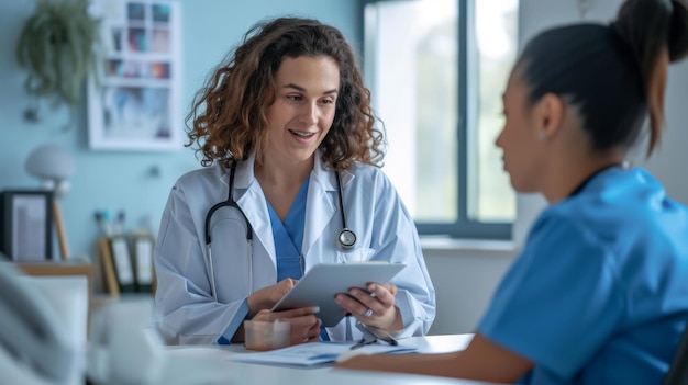 two female healthcare professionals are looking at a tablet