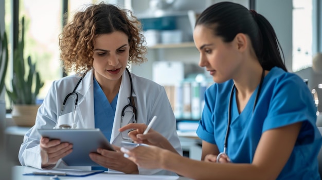 two female healthcare professionals are looking at a tablet