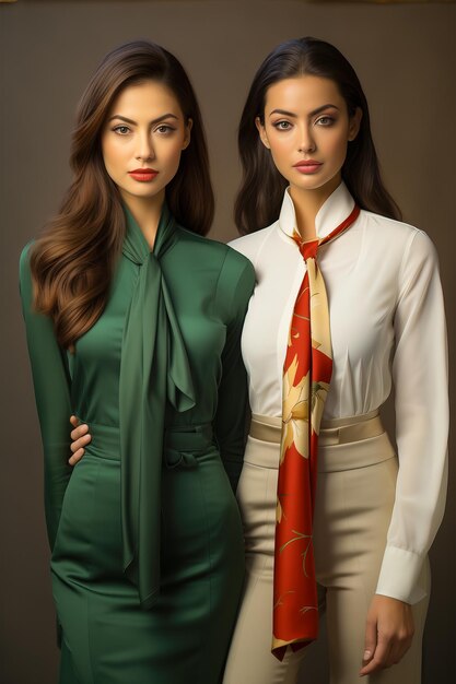 Two female models in green and beige dresses