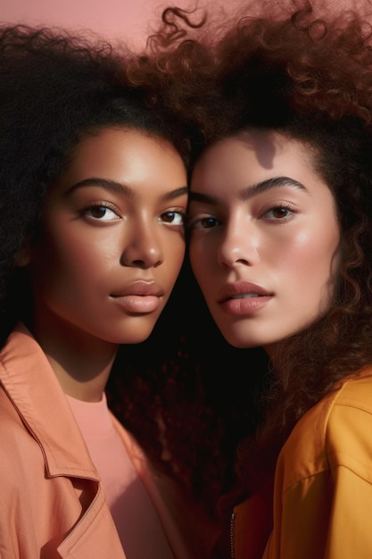 Two female models posing together in front of backdrop