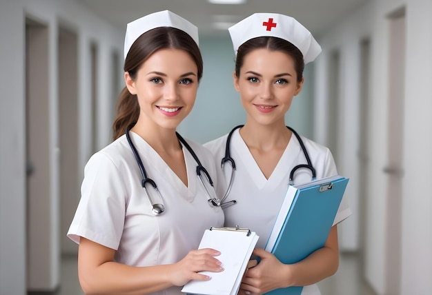 two female nurses are holding folders and one has a red cross on it