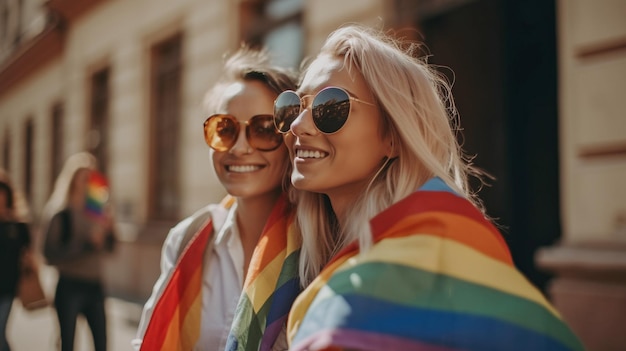 Photo two female pals are out and about in the city carrying an lgbt pride flag and using generative ai