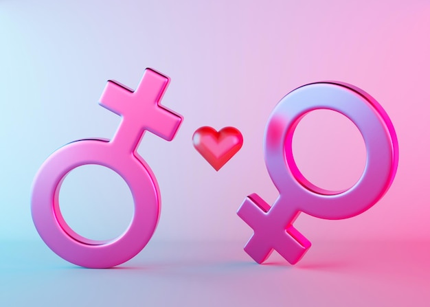 Two female sex symbols with heart and neon light Venus symbol for women Gender sign Love LGBT community Lesbians couple relationship Diversity homosexuality equal marriage 3D rendering