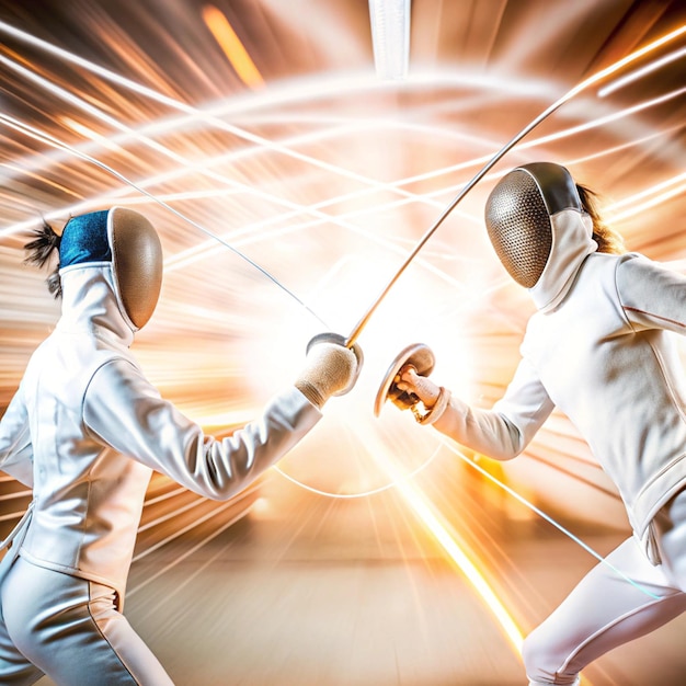 Photo two fencers in an intense competitive duel