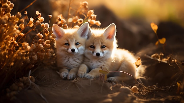 Two Fennec foxes are peacefully resting amidst the golden sunlight, reflecting the adaptability of life in such an enchanting desert environment.